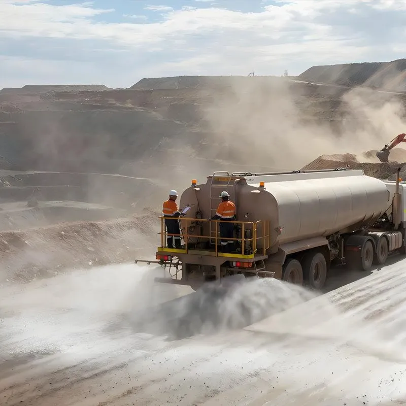 Tanker truck at a mining site with dust rising