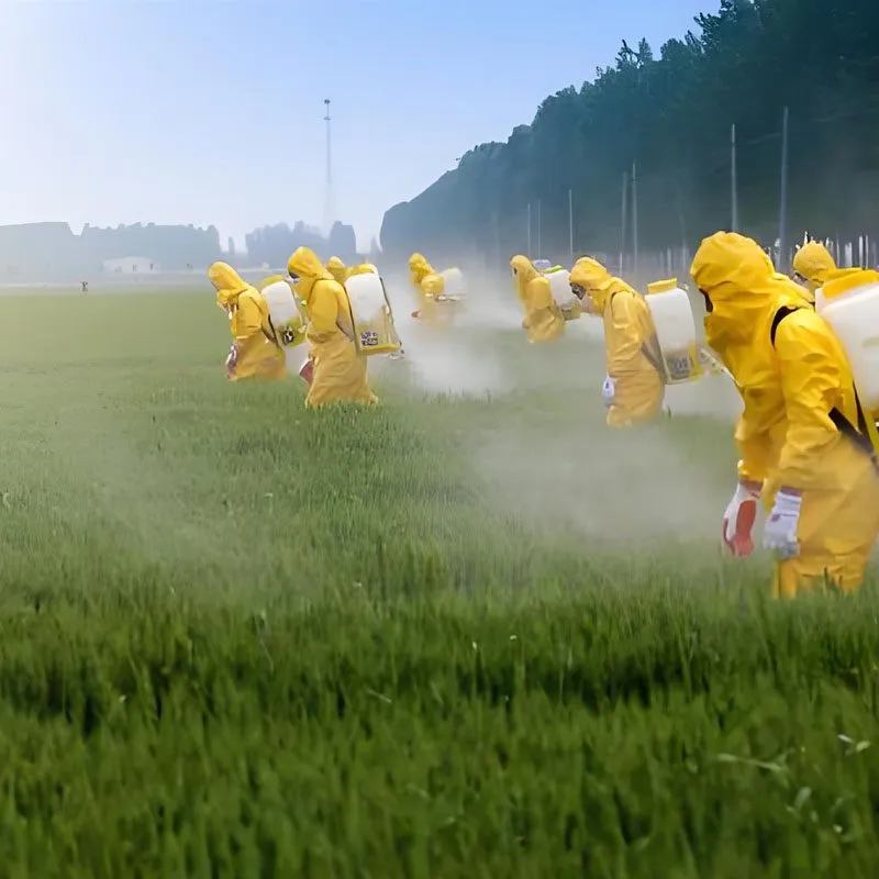 Workers in protective suits spraying crops in a field