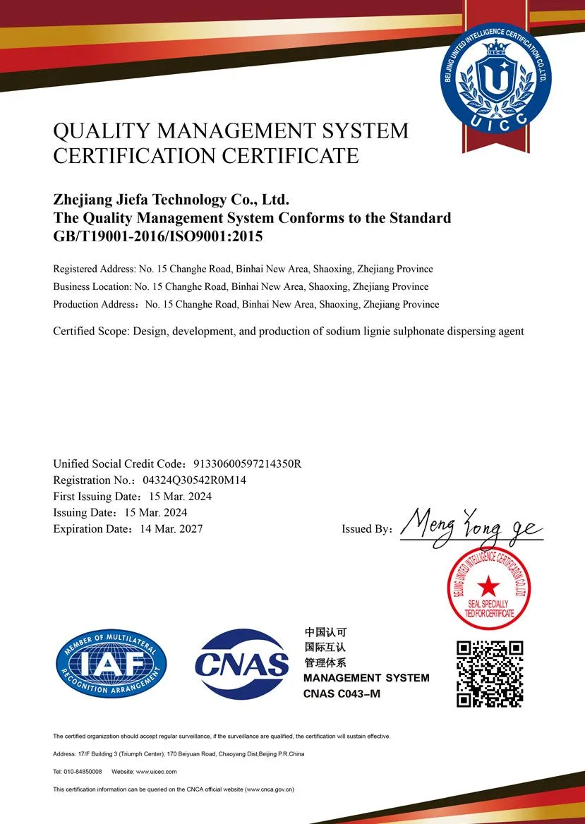 저장 Jiefa 테크놀로지의 ISO 9001:2015 품질 경영 시스템 인증서