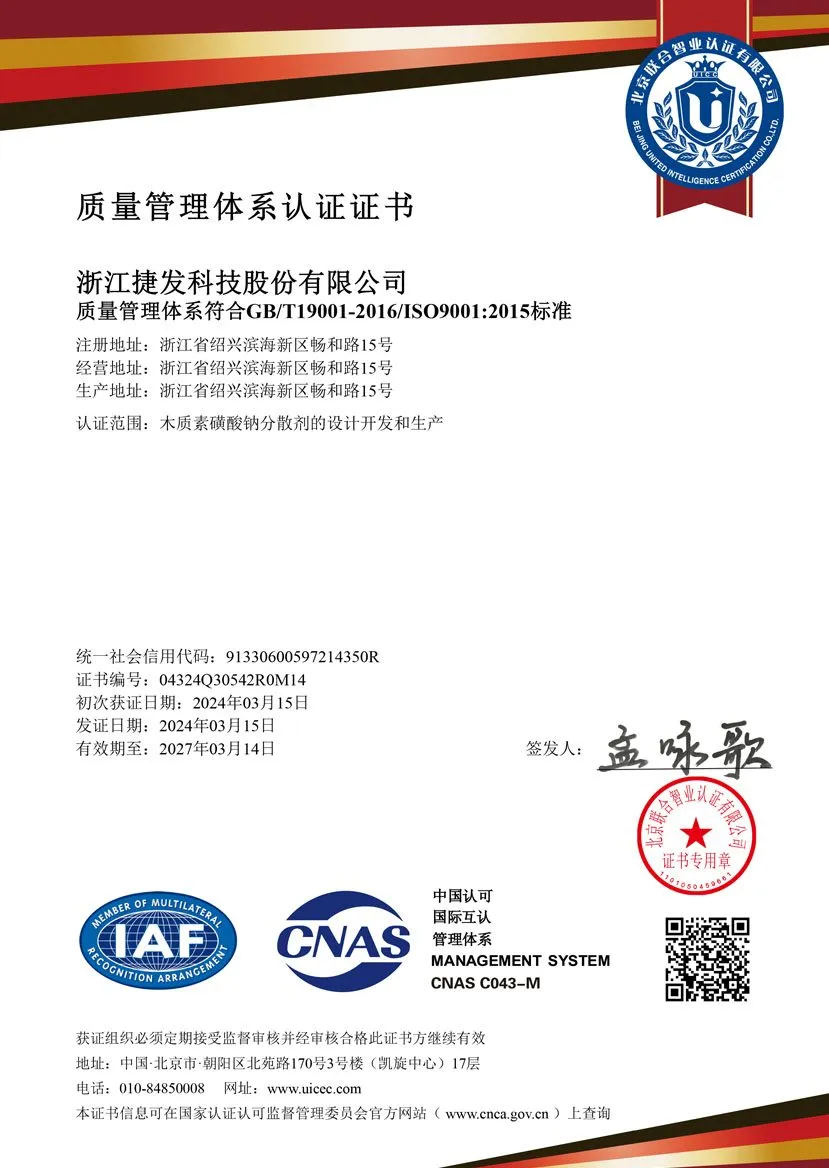 ISO 9001 품질 경영 시스템 인증서 (중국어판)