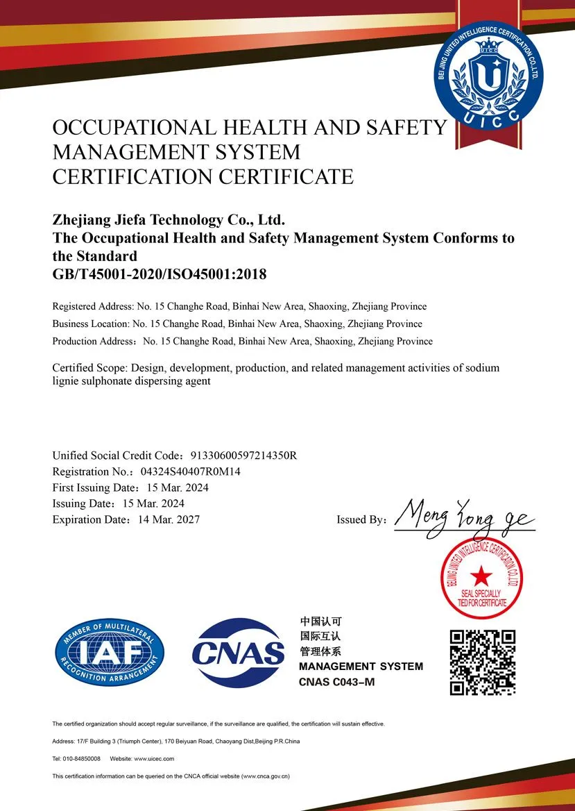 저장 Jiefa 테크놀로지의 ISO 45001:2018 산업안전보건 인증서